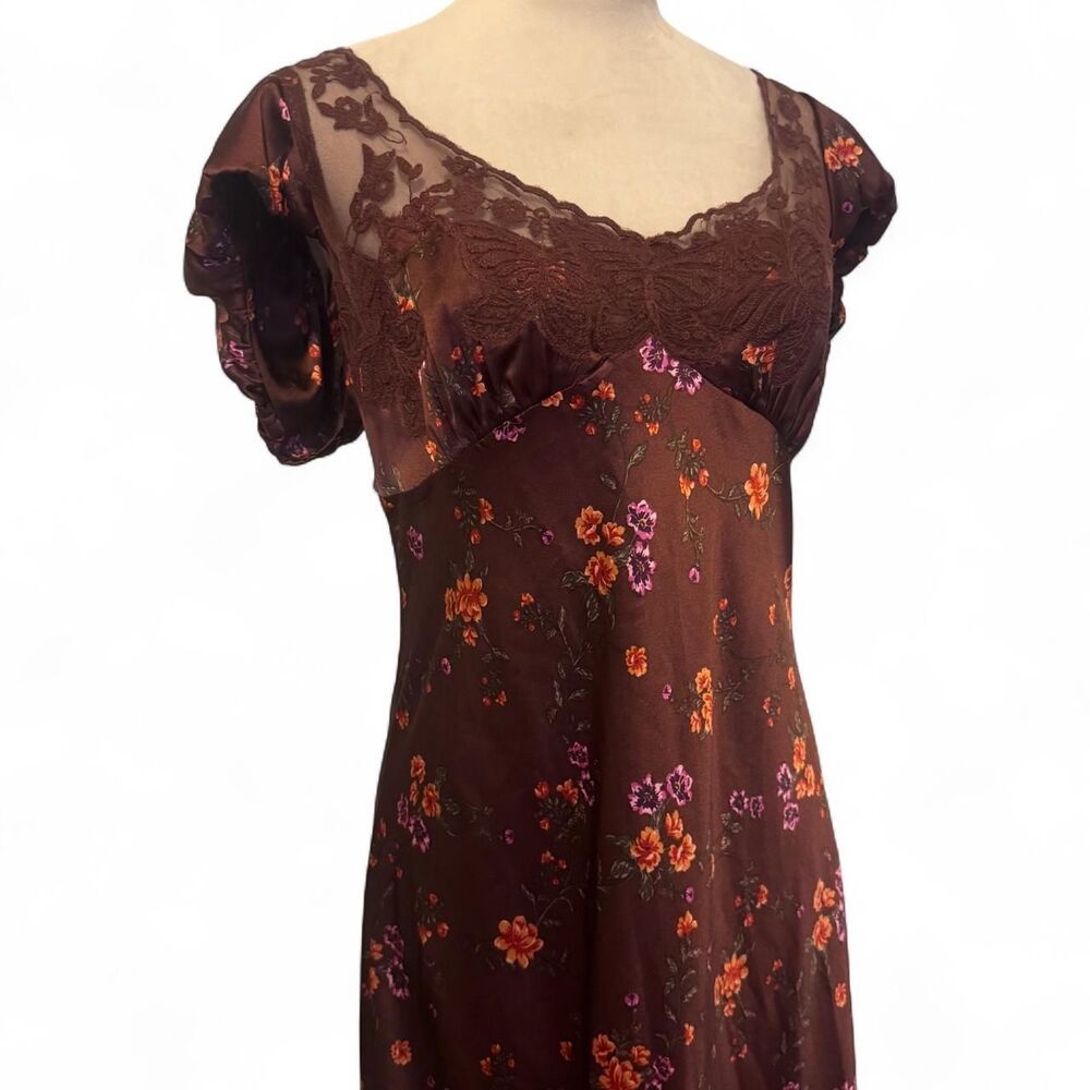 Free People Butterfly Babe Brown Floral Milkmaid Maxi Slip Dress Bias Cut Size L - Picture 3 of 8